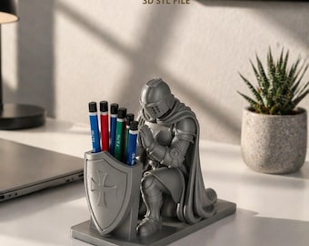Knight Pen Holder STL File, 3D Printable Desk Organizer, Medieval Office Decor