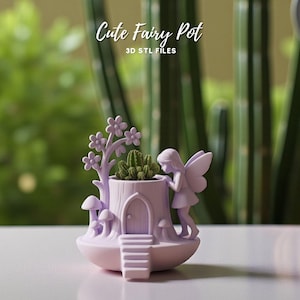 May include: A lavender-colored fairy pot with a miniature cactus, a fairy figurine, and a tree. The pot has a door and steps, with the text "Cute Fairy Pot" and "3D STL FILES". The pot is on a white surface.
