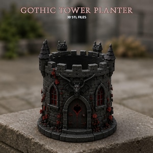 May include: A dark gray cylindrical planter shaped like a stone tower with battlements, featuring a central arched door with a heart-shaped cutout, a winged gargoyle above, and red rose vines. Text reads GOTHIC TOWER PLANTER 3D STL FILES.