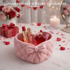 Elegantes Herz Schmuck Organizer 3D druckbares Modell, Valentinstag STL-Dateien, Schleife Make-up Halter