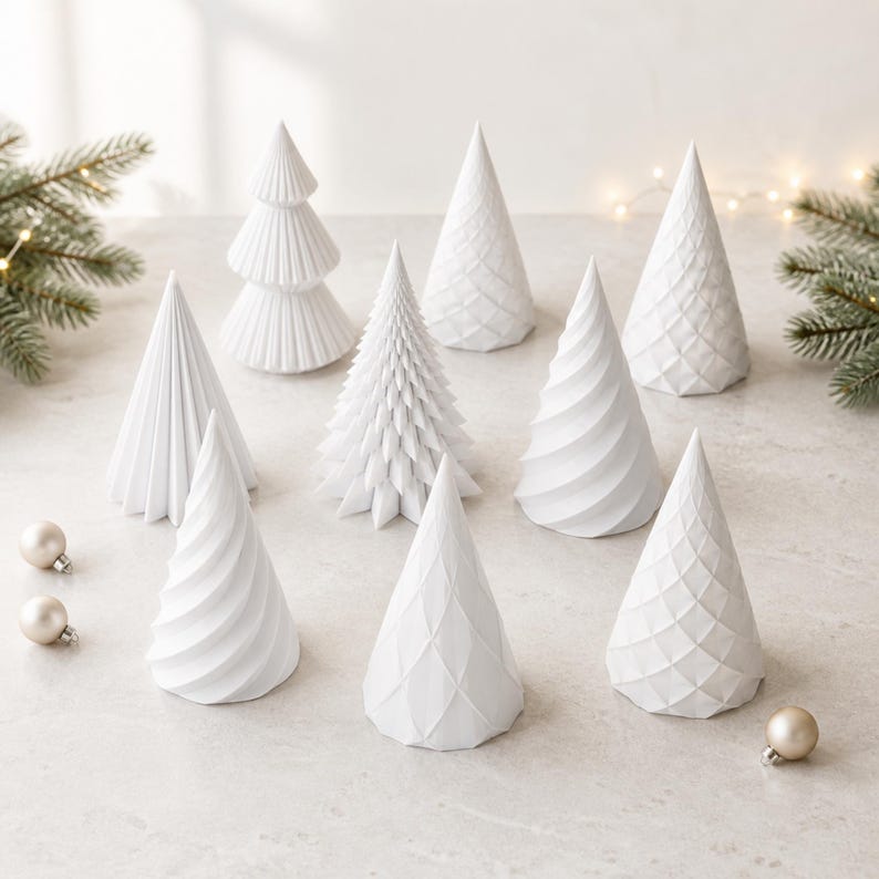 Puede incluir: Una colecci&oacute;n de nueve &aacute;rboles decorativos blancos en forma de cono con diversas texturas, incluyendo superficies plisadas, en espiral y con patrones de diamantes. El conjunto incluye peque&ntilde;os adornos redondos dispersos.