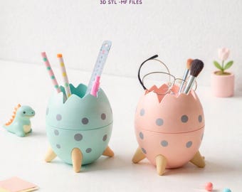 Dino Pen Holder STL File, Egg Shaped Desk Organizer, 3D Printable Pencil Holder