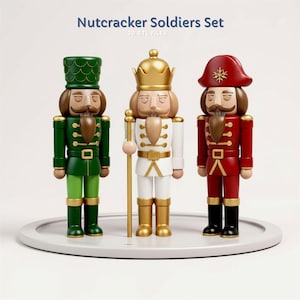 May include: A set of three nutcracker soldiers with the text Nutcracker Soldiers Set 3D STL FILES. The left figure is green, the center is white with a gold crown and staff, and the right is red with a snowflake hat. All have brown hair and beards.