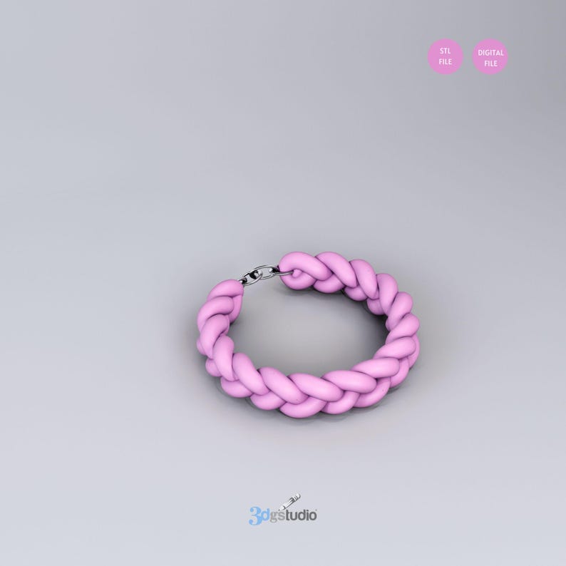 Op de afbeelding: Een roze gevlochten armband met een zilveren sluiting. STL-bestand.
