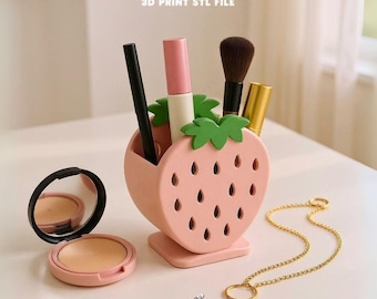 Strawberry Makeup Brush Holder STL File, 3D Printable Vanity Organizer, Makeup Storage Digital Download