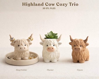 Highland Cow Home Trio 3D STL-bestanden, sieradenhouder, miniplanter en decoratieve koe, afdrukbaar boerderijdecor