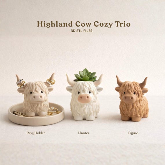 Highland Cow Home Trio 3D STL Files, Jewelry Holder, Mini Planter and Decorative Cow, Printable Farmhouse Decor