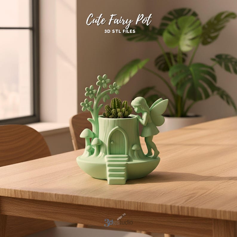 May include: A light green fairy pot with a tree trunk design, a fairy figurine, and a small door. The pot holds a small cactus. The text "Cute Fairy Pot" and "3D STL FILES" are visible.