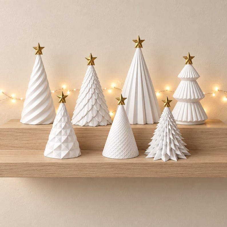 Puede incluir: Una colecci&oacute;n de siete &aacute;rboles decorativos blancos en forma de cono de diversas alturas y texturas, cada uno rematado con una peque&ntilde;a estrella dorada. Los &aacute;rboles presentan diversos patrones, incluyendo espirales, escamas, facetas y estr&iacute;as.