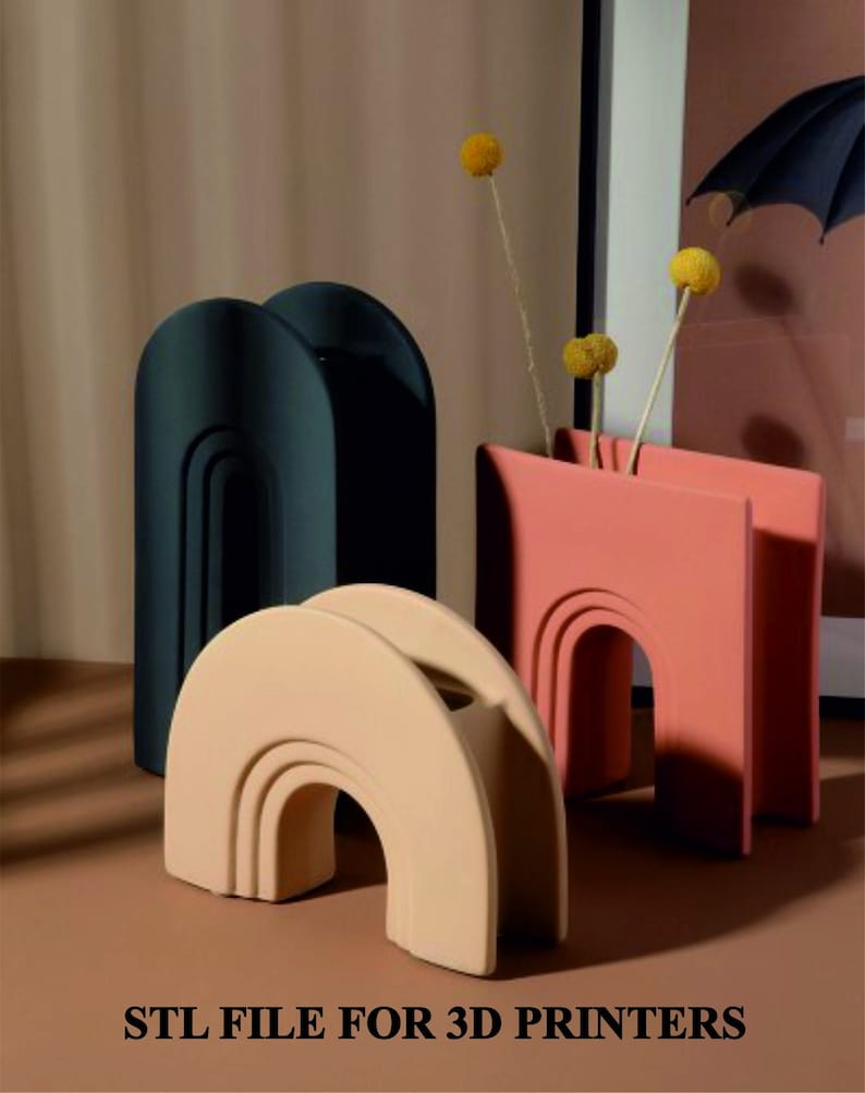 May include: A collection of modern, geometric vases in shades of beige, teal, and coral. The vases have arch-like designs and are arranged on a neutral surface. The text "STL FILE FOR 3D PRINTERS" is at the bottom.
