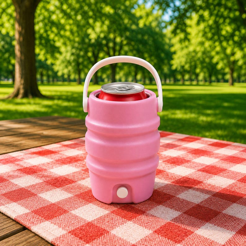 Op de afbeelding: Een roze ge&iuml;soleerde blikjeskoeler met een witte handgreep, met een rode frisdrankblikje. De koeler is cilindrisch met een geribbeld ontwerp en een witte knop. Het staat op een rood-wit geblokt picknickkleed.