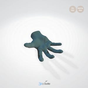 May include: A 3D printed model of a hand with stitched seams, rendered in a teal blue color. The hand is posed with fingers extended, as if reaching out. The model is presented on a white background with a subtle circular pattern.