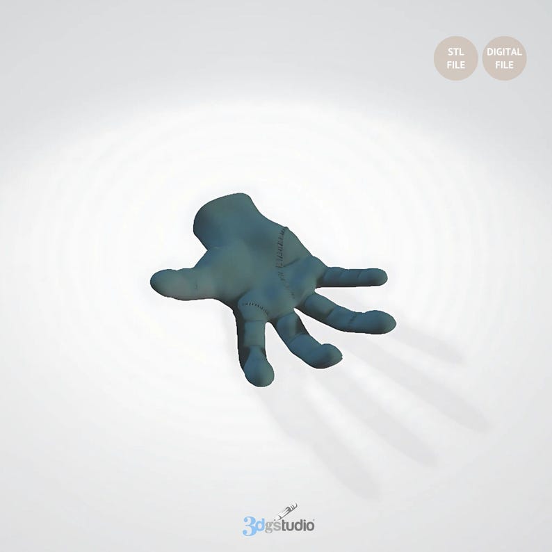 May include: A 3D printed model of a hand with stitched seams, rendered in a teal blue color. The hand is posed with fingers extended, as if reaching out. The model is presented on a white background with a subtle circular pattern.