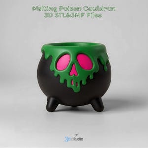 May include: A black cauldron with a green, melting poison design and pink skull-shaped accents. The cauldron has three small legs and the text "Melting Poison Cauldron 3D STL&3MF Files".