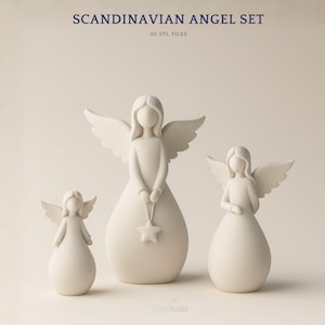 May include: Three white ceramic angel figurines with outstretched wings. The central angel holds a star. The text "SCANDINAVIAN ANGEL SET" and "3D STL FILES" are at the top. The angels are on a neutral background.