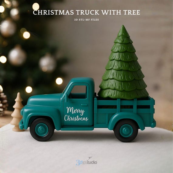 Christmas Truck with Tree 3D STL Files, 3D Printer Files Christmas Pickup Truck, Christmas Holiday Decor