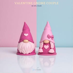 Könnte beinhalten: Zwei Valentinstag-Wichtelfiguren. Ein Wichtel hat einen rosa Hut mit einem weißen Herz und einem weißen Bart. Der andere Wichtel hat einen hellrosa Hut mit einer Schleife und Zöpfen. Beide Wichtel haben ein Herz auf der Brust. Der Hintergrund ist zwischen Rosa und Blau geteilt.