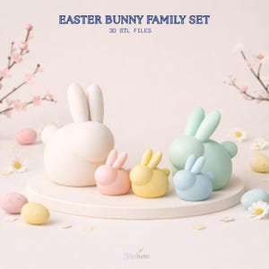 Puede incluir: Un conjunto familiar de conejos de Pascua, con un gran conejo blanco, un conejo verde claro y tres conejos más pequeños en rosa, amarillo y azul. El conjunto incluye huevos de Pascua decorativos y el texto "EASTER BUNNY FAMILY SET" y "3D STL FILES".