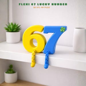 May include: A yellow and blue number 67 with a flexible design. The number 6 is yellow, and the number 7 is blue with a green four-leaf clover. The text "FLEXI 67 LUCKY NUMBER" and "3D STL-MF FILES" is at the top.