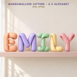 Può includere: Un set di lettere 3D in stile marshmallow che compongono il nome EMILY in colori pastello. Le lettere E, M, I, L e Y sono disposte in fila, caratterizzate da un aspetto liscio, arrotondato e gonfio. Il testo MARSHMALLOW LETTERS - A Z ALPHABET 3D STL - MF FILES è visibile in alto.