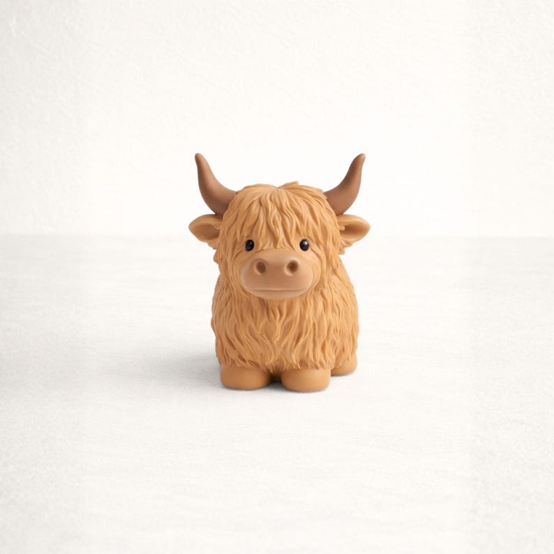 May include: A small, tan-colored Highland cow figurine. The toy cow has a shaggy coat, small brown horns, and a cute, friendly expression. The figurine is made of a soft material and is suitable for children.