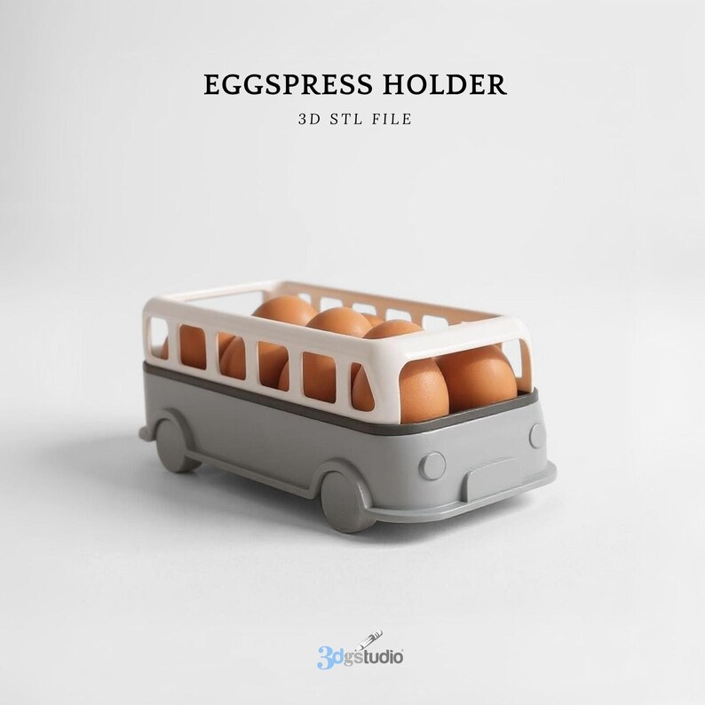 May include: A gray and white egg holder shaped like a bus, filled with brown eggs. The text "EGGSPRESS HOLDER" and "3D STL FILE" are printed at the top. The logo "3dgsudio" is at the bottom.