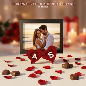 Archivo STL de soporte para fotos de corazón personalizado, soporte para fotos con iniciales personalizadas, modelo imprimible en 3D para San Valentín