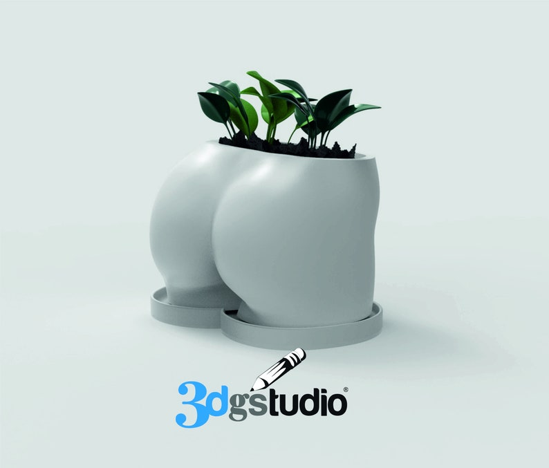 May include: A light gray planter shaped like a pair of buttocks, with a matching saucer. The planter holds several small green plants. The logo "3dgstudio" is in the bottom right corner.
