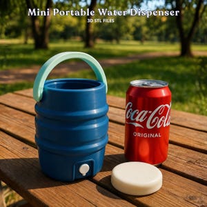 May include: A blue, collapsible water dispenser with a light green handle, next to a red Coca-Cola can and a white lid. The dispenser has a spigot and the text "Mini Portable Water Dispenser" is at the top.