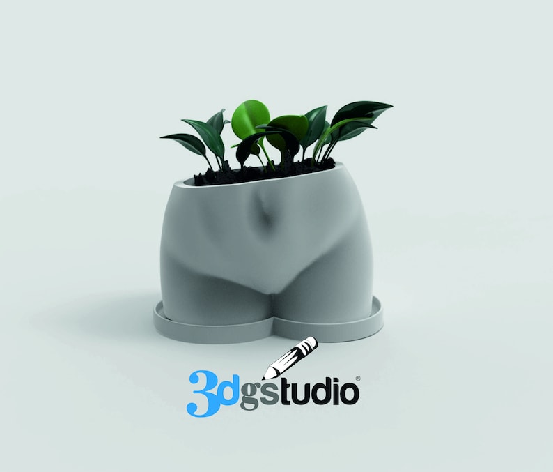 May include: A gray, body-shaped planter with a small, round base, holding several green plants. The planter has a smooth, matte finish and a unique design. The logo for 3d g studio is in the bottom right corner.