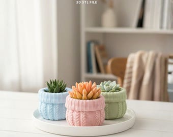 Knitted Mini Planter STL File, Cozy Cable Knit Plant Pot, 3D Printable Succulent Pot, Digital Download
