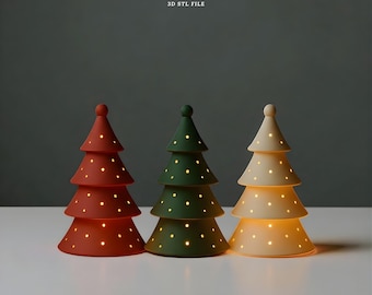 May include: Three Christmas tree candle holders in red, green, and cream. Each tree has a layered design with small, evenly spaced holes that emit light. The text "CHRISTMAS TREE CANDLE HOLDER" and "3D STL FILE" are at the top.