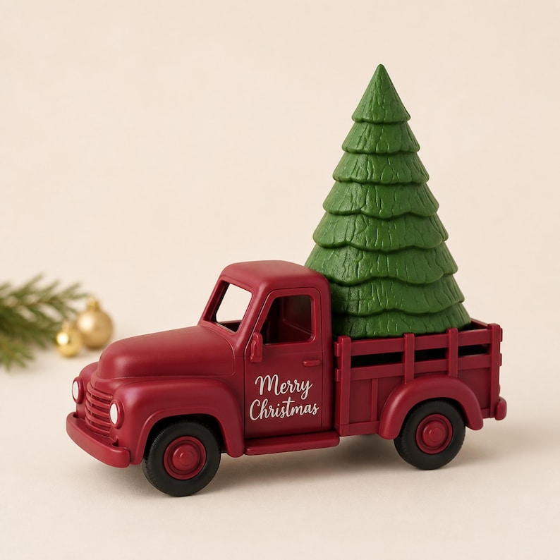 Op de afbeelding: Een matrode speelgoedtruck met een groene, getextureerde kerstboom in de laadbak. Op de zijkant van de truck staat de witte cursieve tekst Merry Christmas. Het voertuig heeft een klassiek cabineontwerp met ronde koplampen en zwarte wielen.