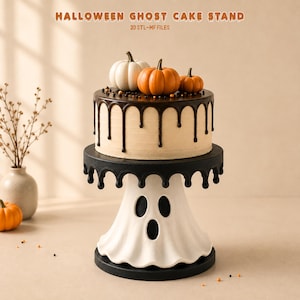 May include: A white ghost-shaped cake stand with a black top and base, featuring a dripping design along the rim. The text HALLOWEEN GHOST CAKE STAND 3D STL-MF FILES is displayed above a cake topped with three pumpkins and chocolate ganache.