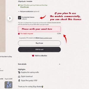 Op de afbeelding: Een Etsy-productpagina-interface met een selectievakje voor een commerci&euml;le licentie, een tekstinvoerveld met het label Please write your email here, en knoppen voor Buy it now en Add to cart. De pagina bevat itemdetails, hoogtepunten en downloadinformatie.