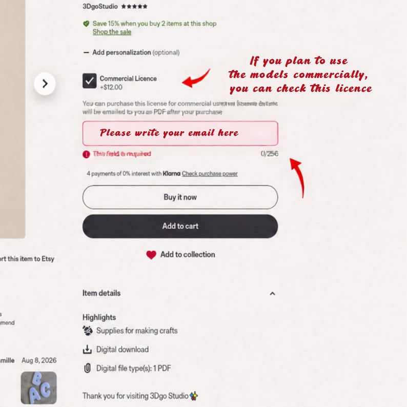 Op de afbeelding: Een Etsy-productpagina-interface met een selectievakje voor een commerci&euml;le licentie, een tekstinvoerveld met het label Please write your email here, en knoppen voor Buy it now en Add to cart. De pagina bevat itemdetails, hoogtepunten en downloadinformatie.