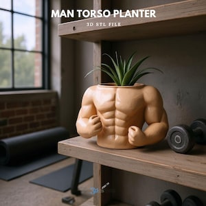 Op de afbeelding: Een bruinbeige plantenbak in de vorm van een gespierde mannelijke torso, met een groene plant. De plantenbak staat op een houten plank met de tekst "MAN TORSO PLANTER 3D STL FILE". Halters zijn zichtbaar op de achtergrond.