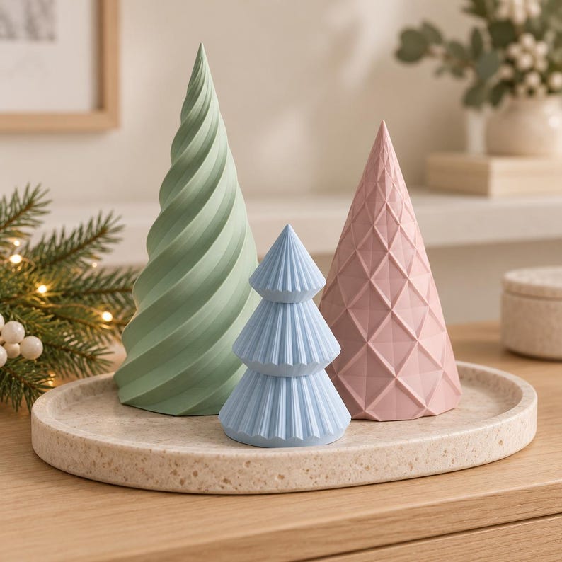 Puede incluir: Tres objetos decorativos en forma de cono sobre una bandeja circular moteada. Uno es una espiral alta de color verde salvia, otro es un cono mediano de color rosa empolvado con patr&oacute;n de rombos y otro es un cono peque&ntilde;o azul claro.