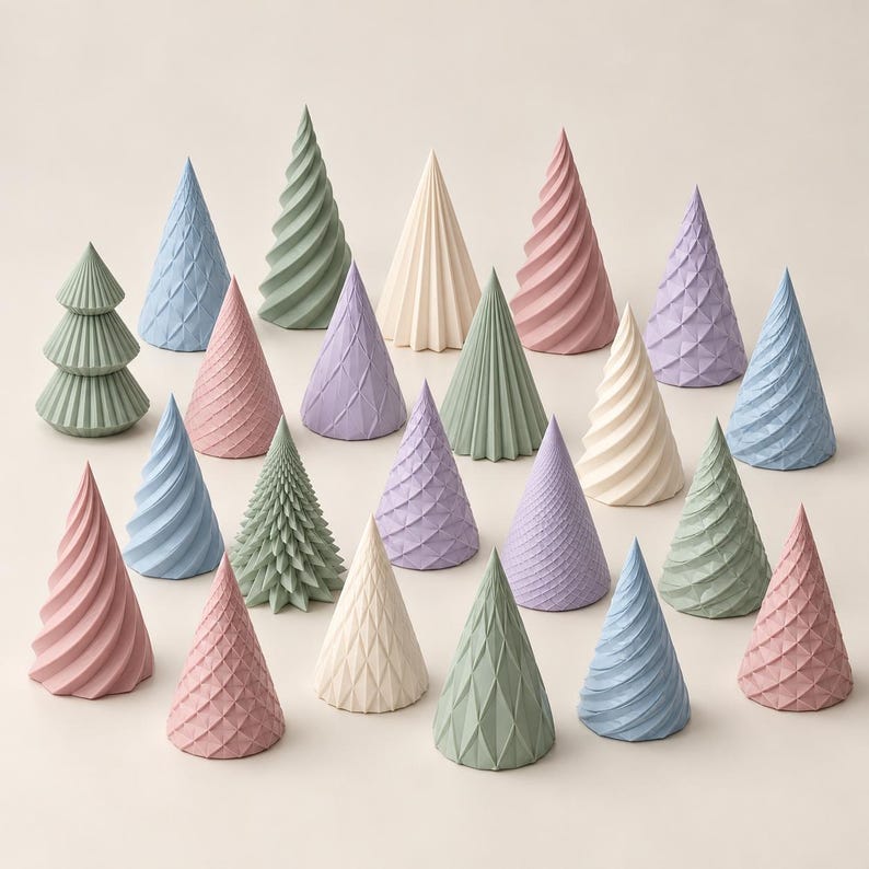 Puede incluir: Una colecci&oacute;n de veintid&oacute;s adornos decorativos en forma de cono en varios colores pastel, incluyendo rosa, azul, verde, lavanda y crema. Cada pieza presenta texturas geom&eacute;tricas distintas como espirales, crestas y patrones de diamantes.