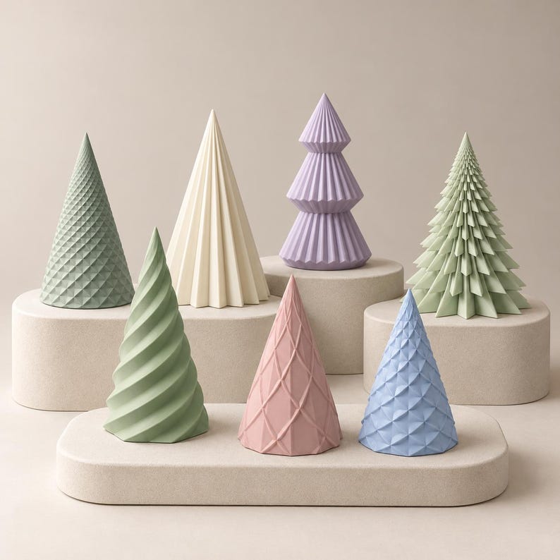 Puede incluir: Una colecci&oacute;n de siete adornos decorativos en forma de cono en varios colores pastel, incluyendo verde salvia, crema, lavanda, verde claro, rosa empolvado y azul b&iacute;garo, cada uno con texturas y patrones geom&eacute;tricos distintos.