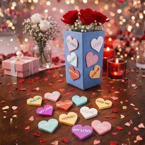 May include: A blue vase with red roses and heart-shaped decorations. The hearts have phrases like "Be Mine," "Love," and "Kiss Me." Scattered around are more heart-shaped decorations with phrases like "Hug Me" and "My Love." The scene is set on a wooden surface.