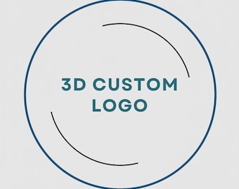 May include: A circular graphic design featuring a dark blue outline and two thin black curved lines. The text 3D CUSTOM LOGO is centered in dark teal capital letters against a light gray background, creating a clean and professional visual.