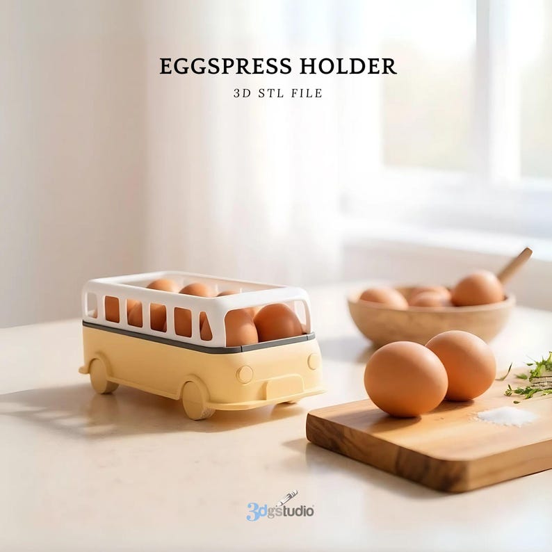 May include: A yellow and white egg holder shaped like a bus, filled with brown eggs. The text "EGGSPRESS HOLDER" and "3D STL FILE" are displayed above the bus. A wooden bowl and cutting board with eggs are also visible.