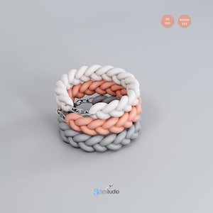 Op de afbeelding: Drie gevlochten armbanden in grijs, perzik en wit. De armbanden zijn op elkaar gestapeld. De afbeelding bevat de tekst "STL FILE" en "DIGITAL FILE".