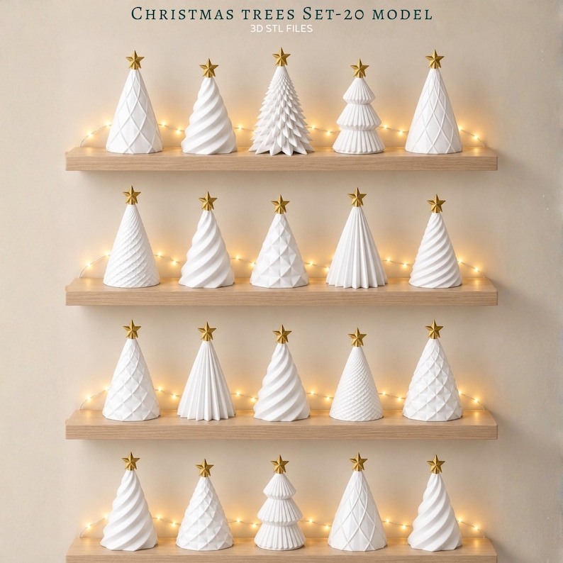 Puede incluir: Un conjunto de veinte adornos de &aacute;rbol de Navidad c&oacute;nicos blancos con estrellas doradas en la punta, exhibidos en cuatro estantes de madera. El texto CHRISTMAS TREES SET-20 MODEL 3D STL FILES se ve arriba.
