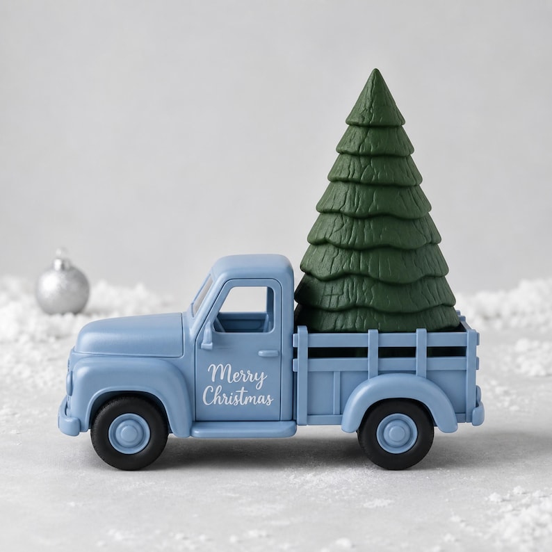 Op de afbeelding: Een lichtblauwe speelgoedpickup met zwarte wielen en de tekst Merry Christmas in het wit op de deur gedrukt. Een donkergroene, getextureerde dennenboom staat vast in de laadbak. Het voertuig heeft een klassiek cabineontwerp en zijhekken.
