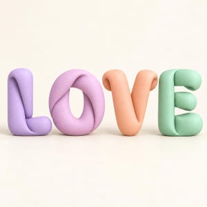 May include: Four three-dimensional letters spelling the word LOVE. The letter L is light purple, the letter O is a soft lavender, the letter V is a muted peach, and the letter E is a pale mint green. Each letter has a smooth, rounded, tube-like form.