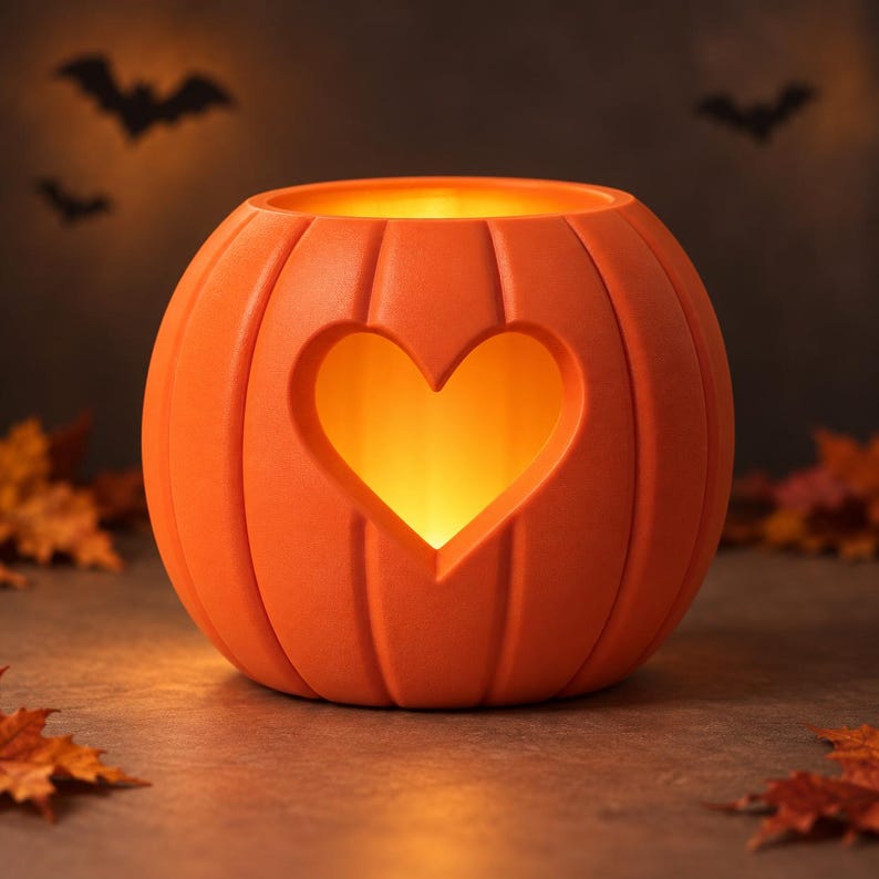 May include: A bright orange pumpkin-shaped candle holder with a heart-shaped cutout in the center. The interior glows with a warm yellow light, illuminating the smooth, ribbed exterior surface of the pumpkin. The design is round and symmetrical.