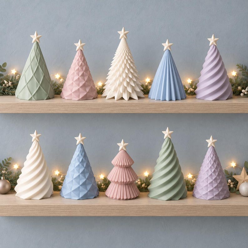 Puede incluir: Una colecci&oacute;n de diez adornos navide&ntilde;os en forma de cono en colores pastel, incluyendo verde salvia, rosa empolvado, blanco, azul claro y lavanda. Cada &aacute;rbol presenta un patr&oacute;n geom&eacute;trico o texturizado &uacute;nico y est&aacute; rematado con una peque&ntilde;a estrella blanca.