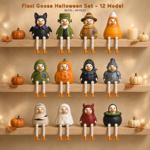 May include: A set of 12 articulated goose figurines for Halloween, each featuring a unique costume including a vampire, Frankenstein, scarecrow, candy corn, pumpkin, spider, knight, mummy, ghost, devil, and witch in a cauldron.